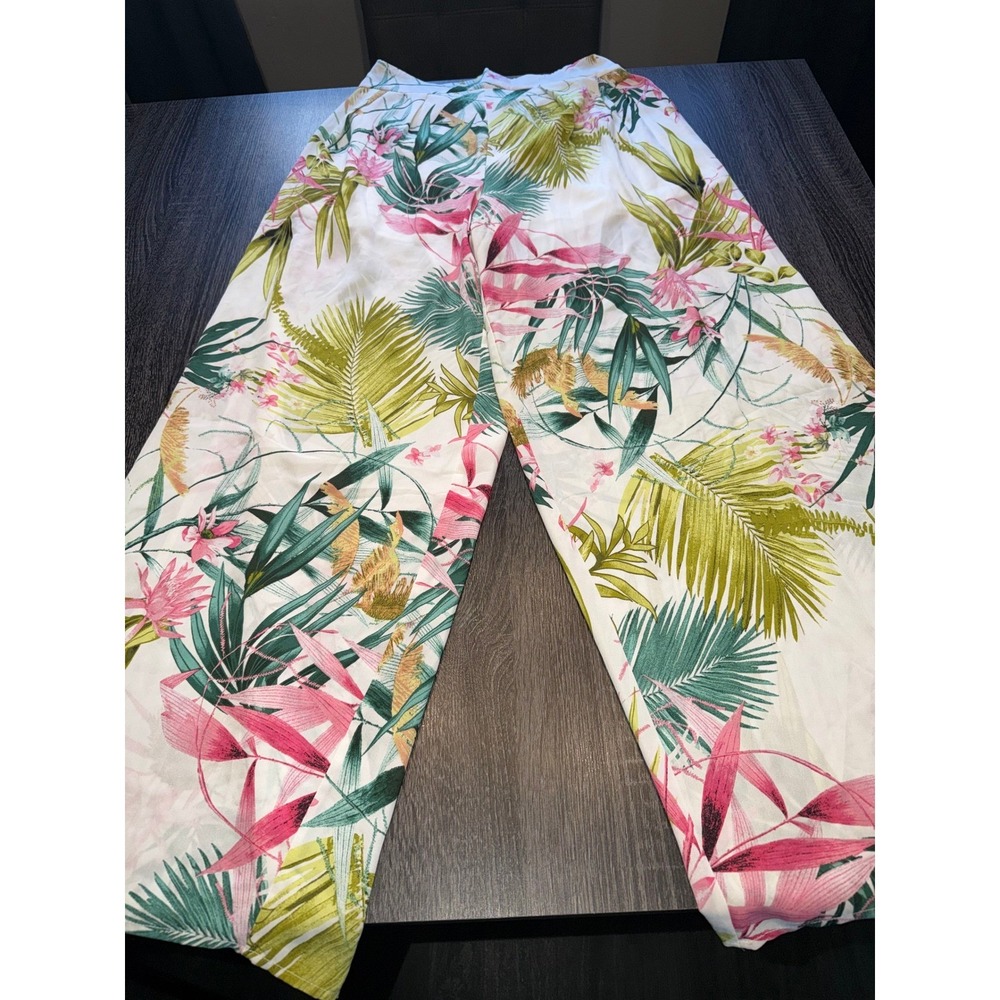 Three Seven Tropical Floral Wide Leg Pants White Pink Green Lined Women's L